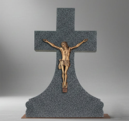 El Cristo con INRI modelo BR 5635 está elaborado en bronce, un material tradicional y muy valorado en arte funerario por su resistencia, durabilidad y estética solemne