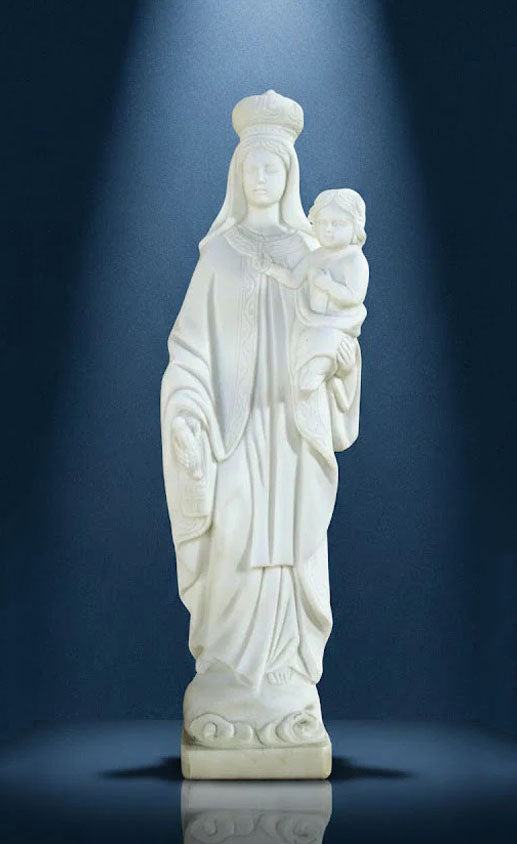estatua corpórea de la Virgen del Carmen, una pieza exclusiva tallada a mano en mármol Blanco Macael,