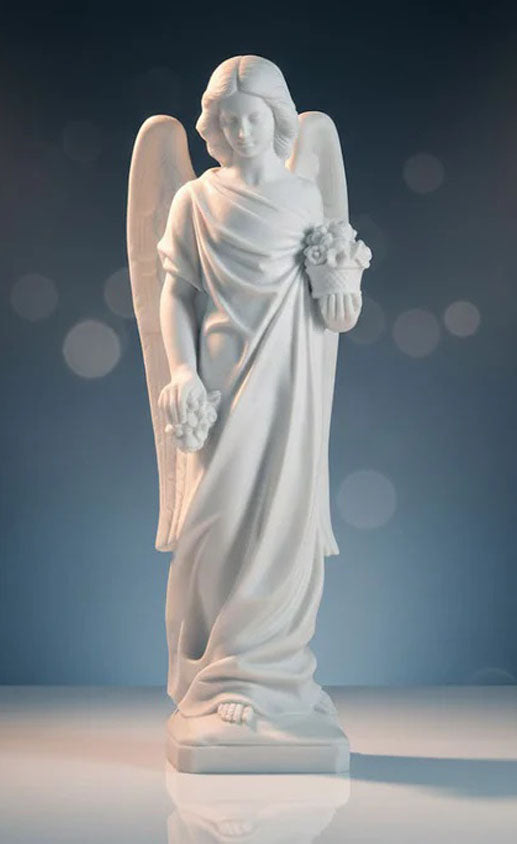 Estatua corpórea de ángel con cesta de flores en mármol blanco Macael, tallada artesanalmente. Escultura funeraria para cementerios y panteones.