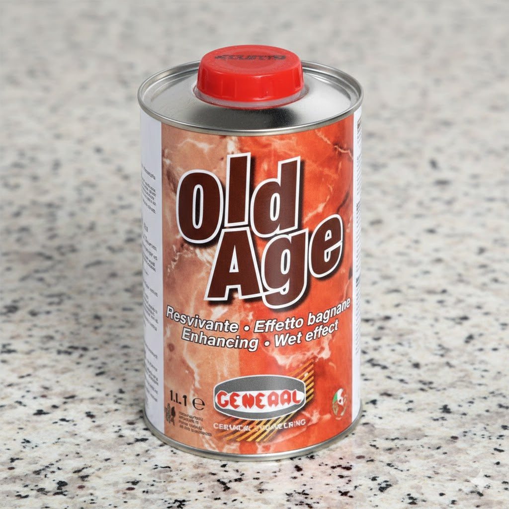 OLD AGE es un protector permanente para piedra natural que mejora el color, repele agua y aceite y fortalece la superficie. Ideal para materiales porosos.