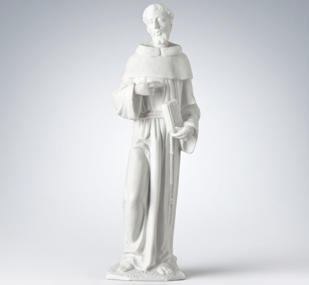 Figura de San Francisco de Asís en mármol sintético modelo MR 6080, diseñada para la ornamentación de lápidas, nichos y panteones.
