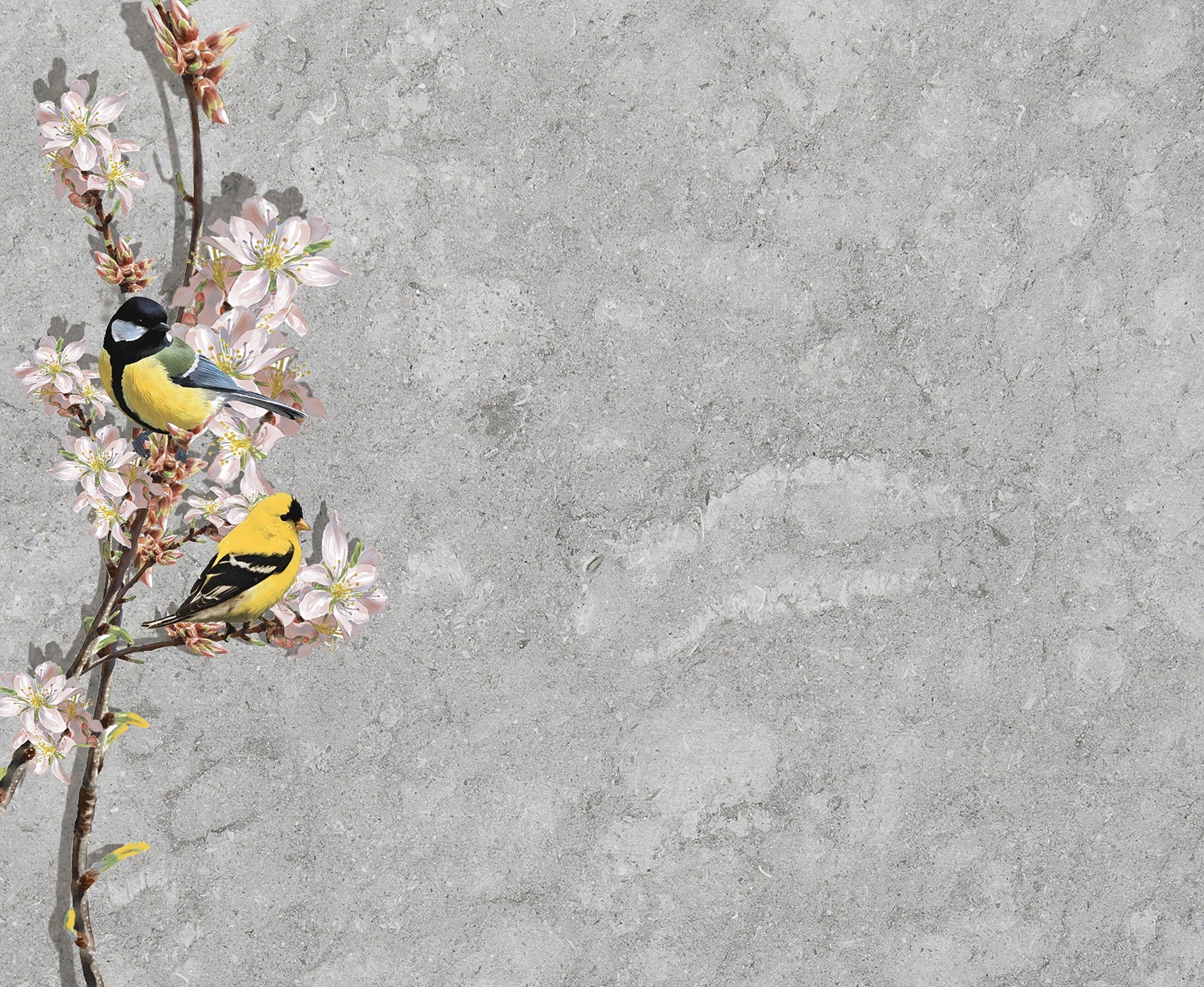 Lápida funeraria de cerámica con imagen de jilgueros posados sobre una rama de almendro en flor, diseño natural y simbólico para nicho