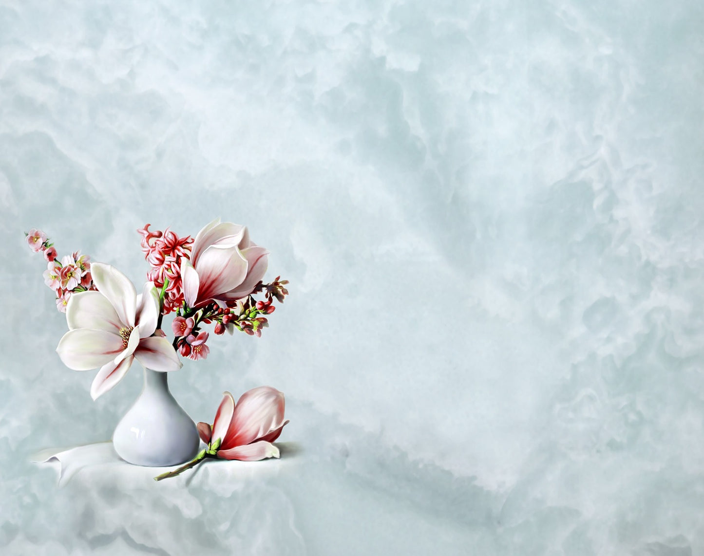 Lápida funeraria de cerámica con arreglo floral de magnolias rosadas, diseño elegante y simbólico para nicho