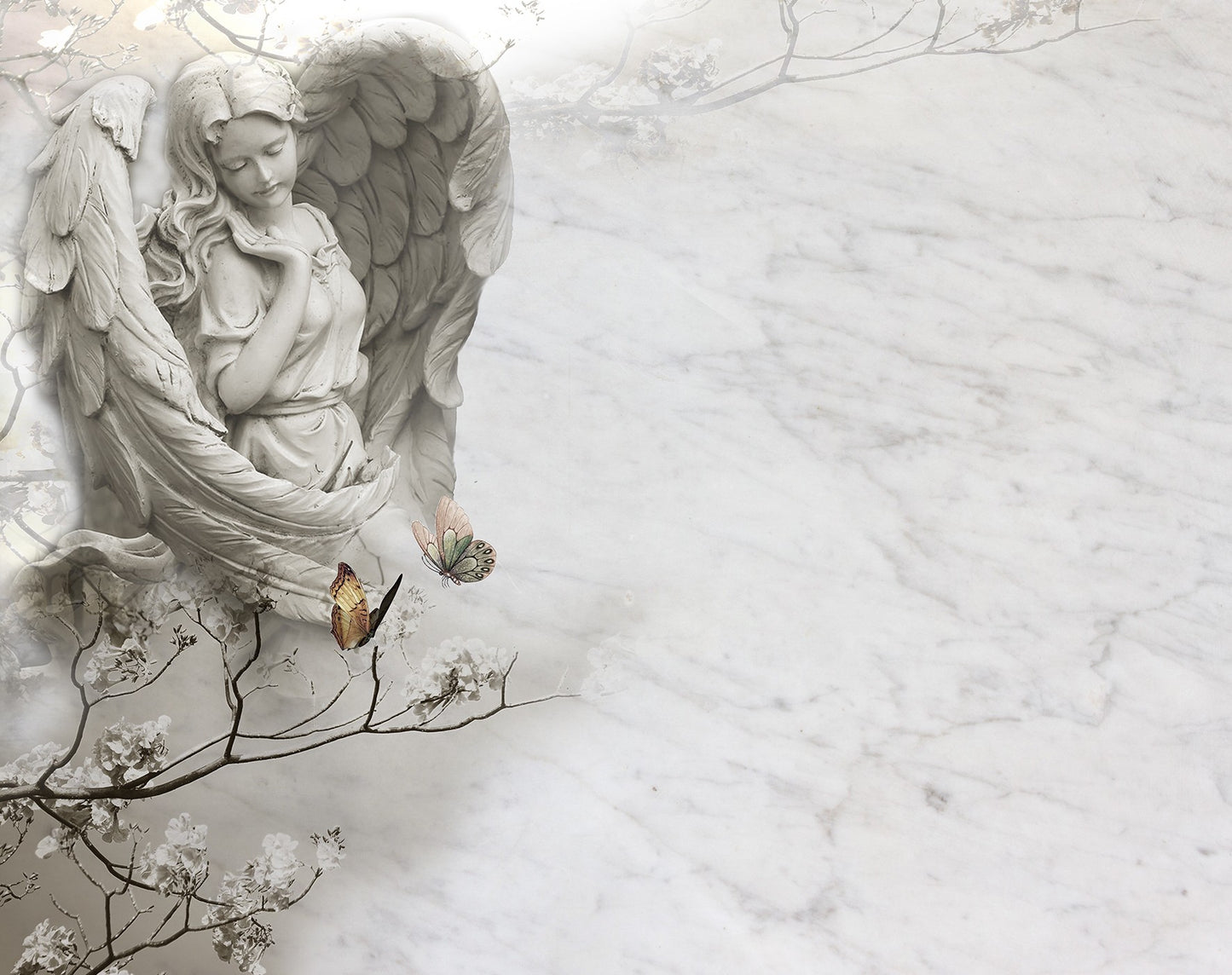 Lápida funeraria de cerámica con imagen de ángel en mármol blanco sobre fondo veteado, diseño simbólico y elegante para nicho