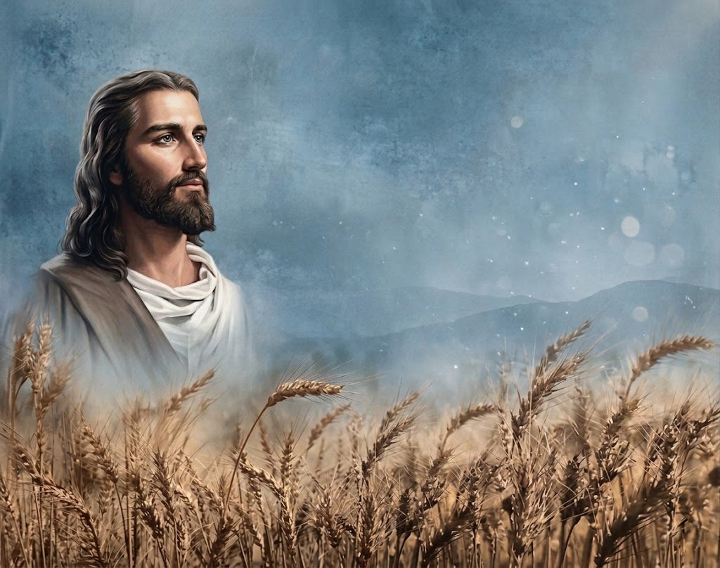 Lápida con imagen de Jesús sobre fondo de trigal, diseño emotivo que simboliza fe, esperanza y recuerdo eterno