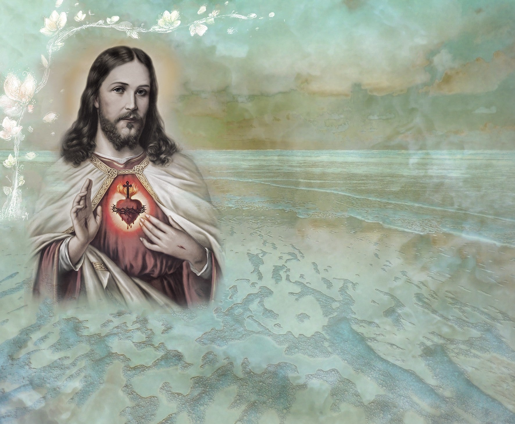 Lápida con imagen del Sagrado Corazón de Jesús sobre fondo de playa difuminada, diseño emotivo que simboliza fe, paz y recuerdo eterno
