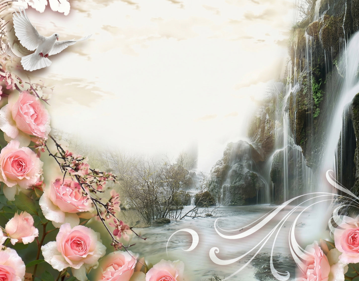 Lápida con imagen de cascadas de fondo y orla decorativa de rosas en primer plano, diseño emotivo que simboliza paz, amor y recuerdo eterno