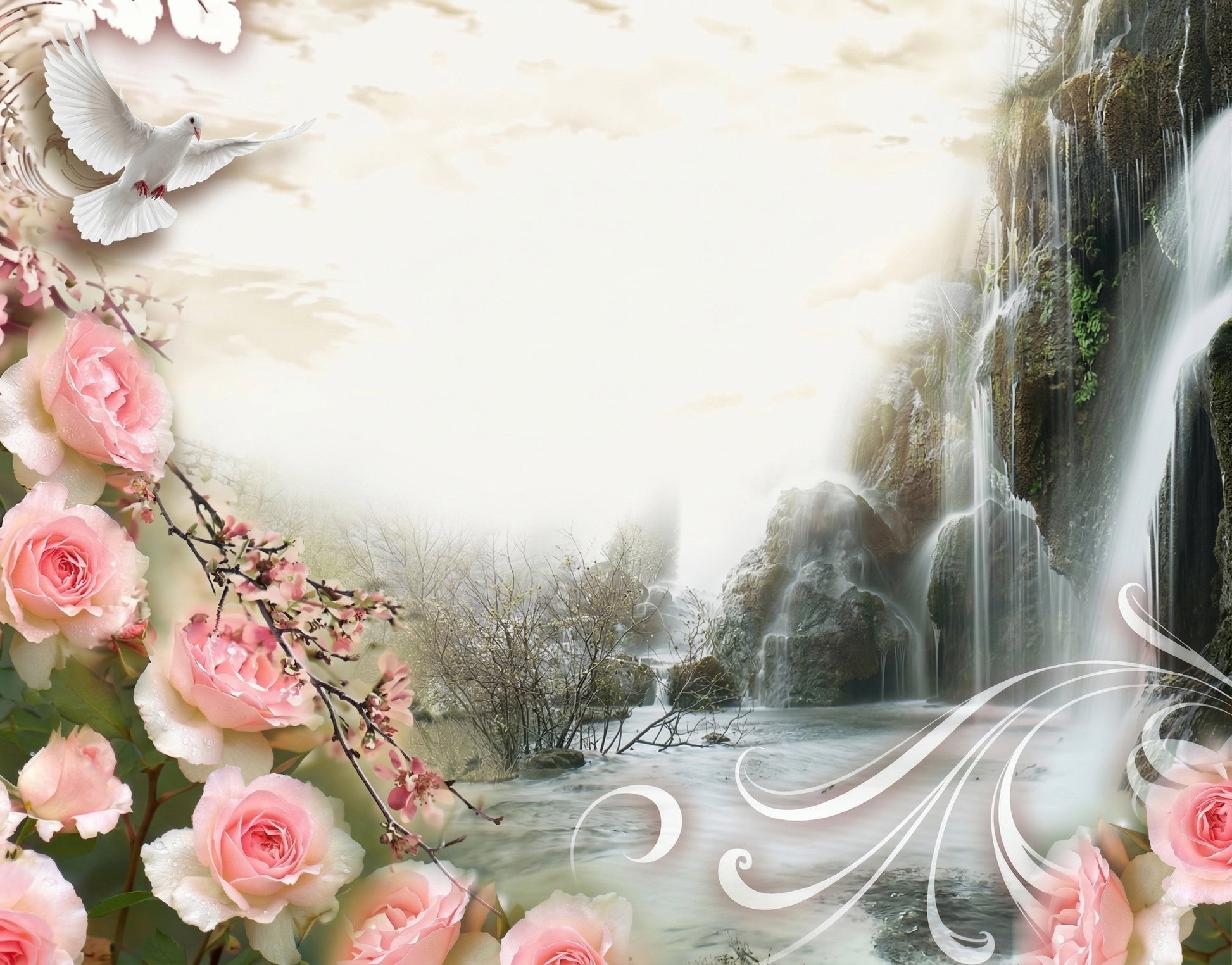 Lápida con imagen de cascadas de fondo y orla decorativa de rosas en primer plano, diseño emotivo que simboliza paz, amor y recuerdo eterno