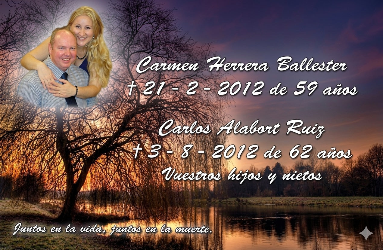 Lápida con imagen de un matrimonio en un parque, diseño emotivo que simboliza unión, recuerdo compartido y serenidad