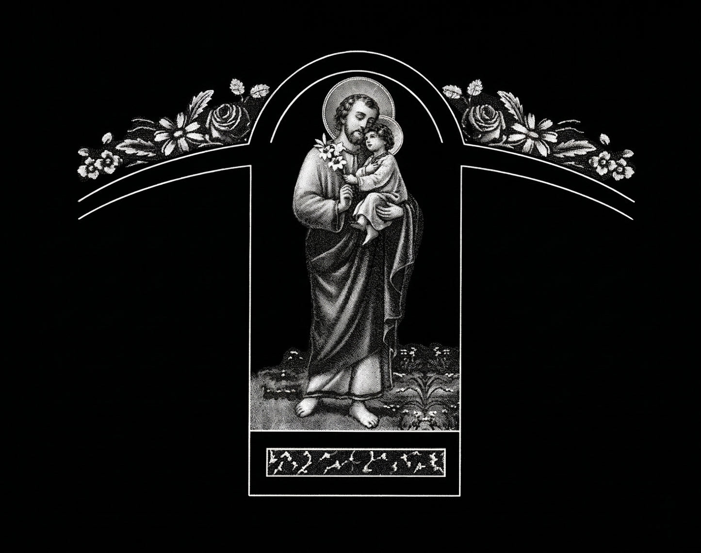 "Lápidas personalizadas con el grabado de San José. Arte sacro de alta fidelidad en granito negro con tecnología láser HD. 50 años de garantía y respeto."