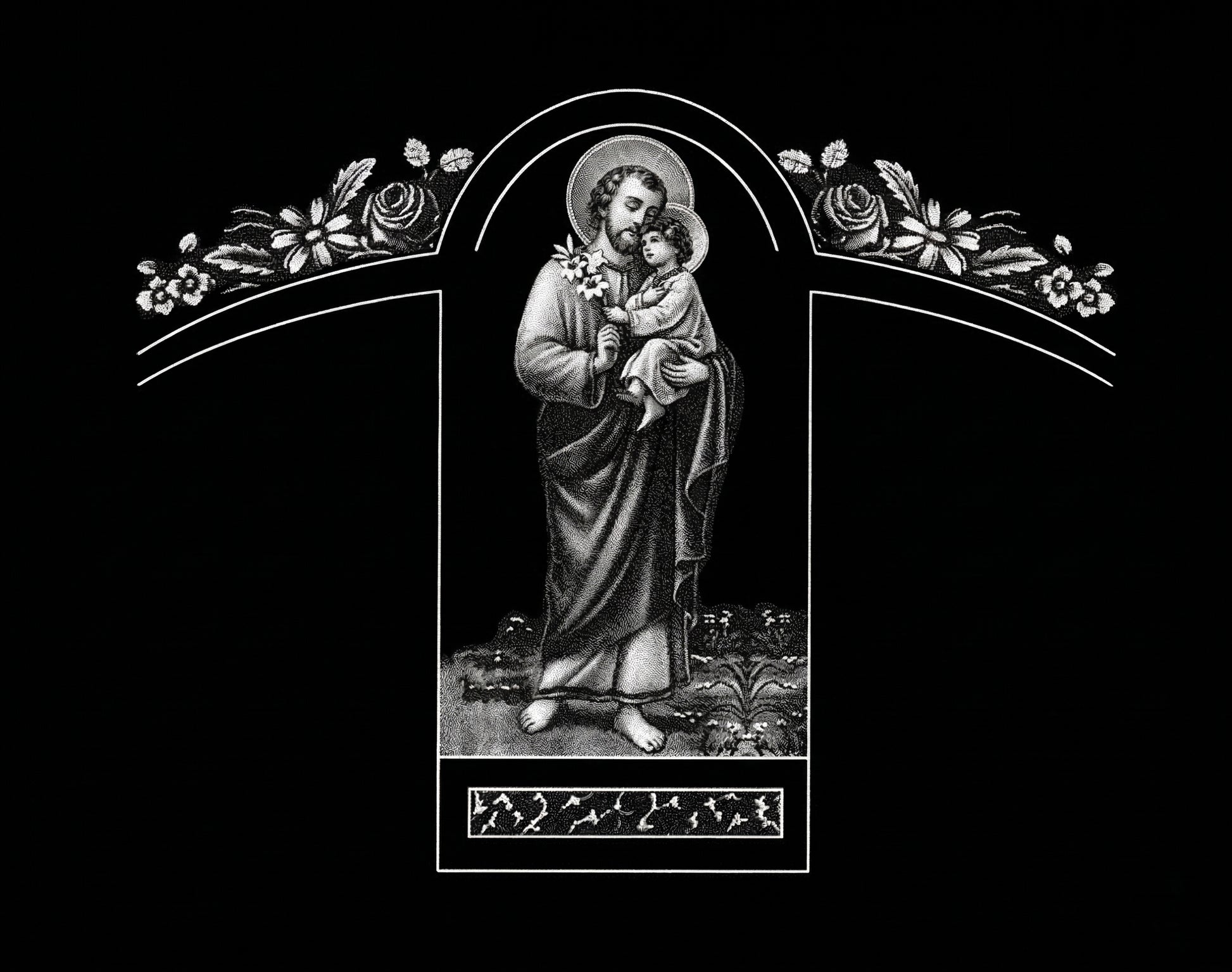 "Lápidas personalizadas con el grabado de San José. Arte sacro de alta fidelidad en granito negro con tecnología láser HD. 50 años de garantía y respeto."