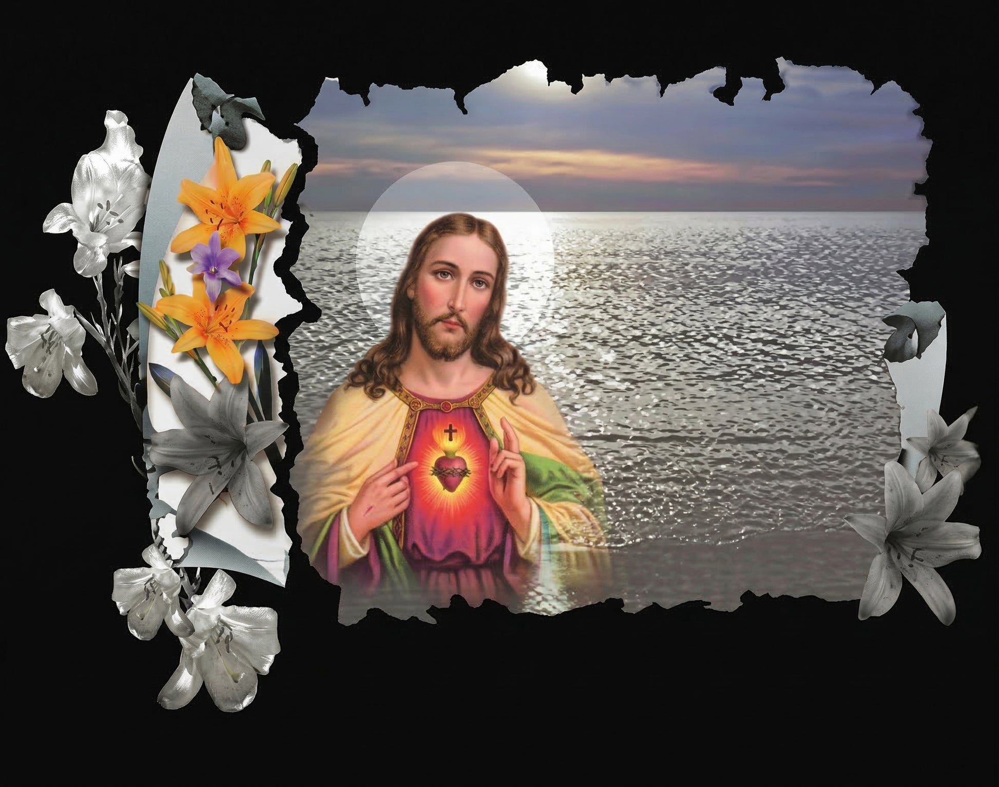 Lápida de Nicho en Granito Premium - Grabado Láser de Alta Definición Pintado a Mano - Sagrado Corazón de Jesús Ref. MP K104