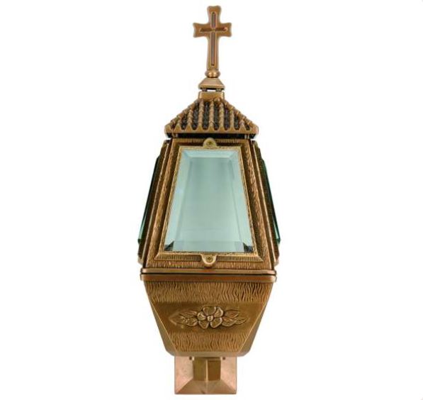 Lámpara funeraria de bronce y cristal para velas, ideal para lápidas. Farol resistente para exterior, diseño clásico y envío a toda España.
