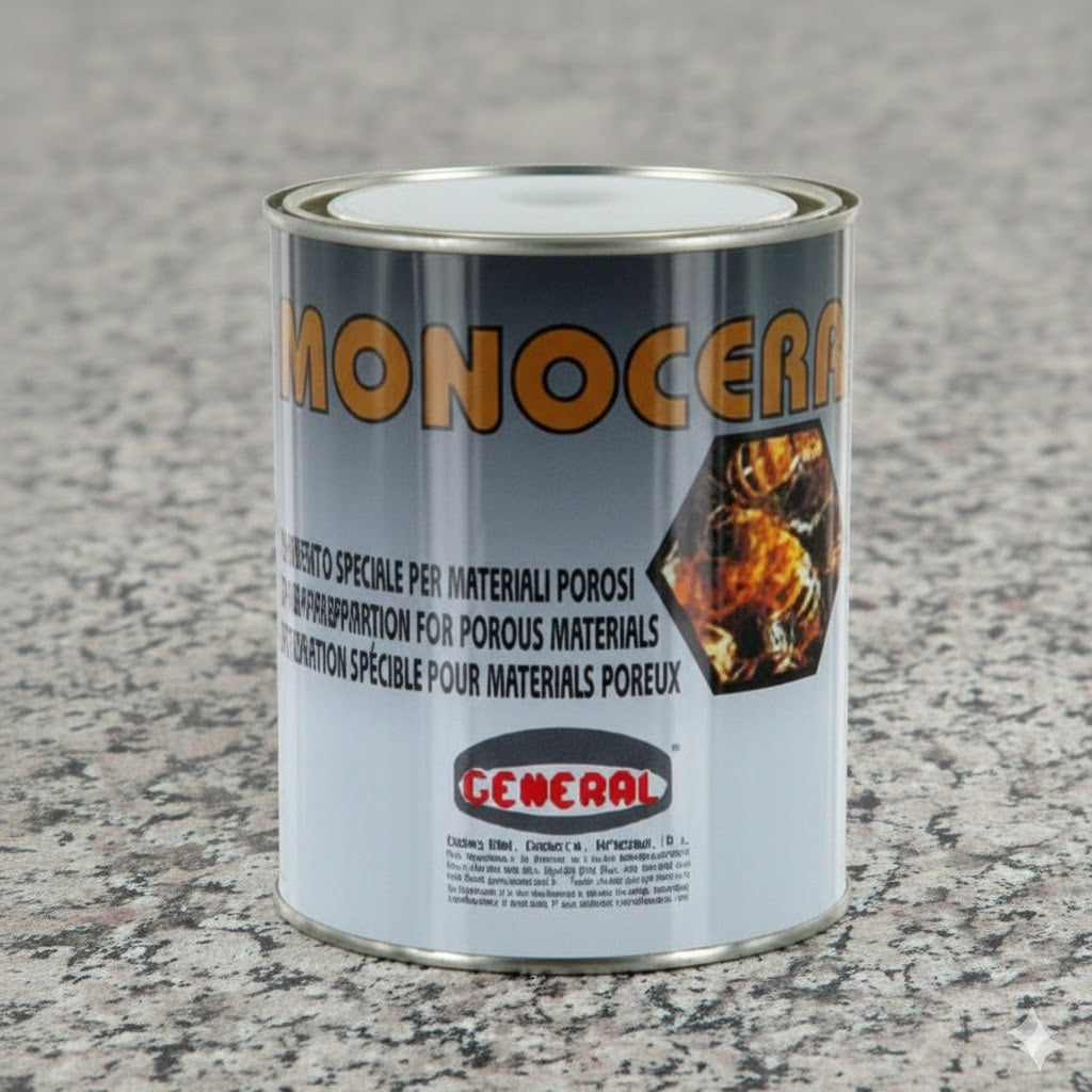 MONOCERA es una cera especial para brillo que realza el color de la piedra natural, protege contra la humedad y disimula imperfecciones. Ideal para mármol, granito y superficies porosas.