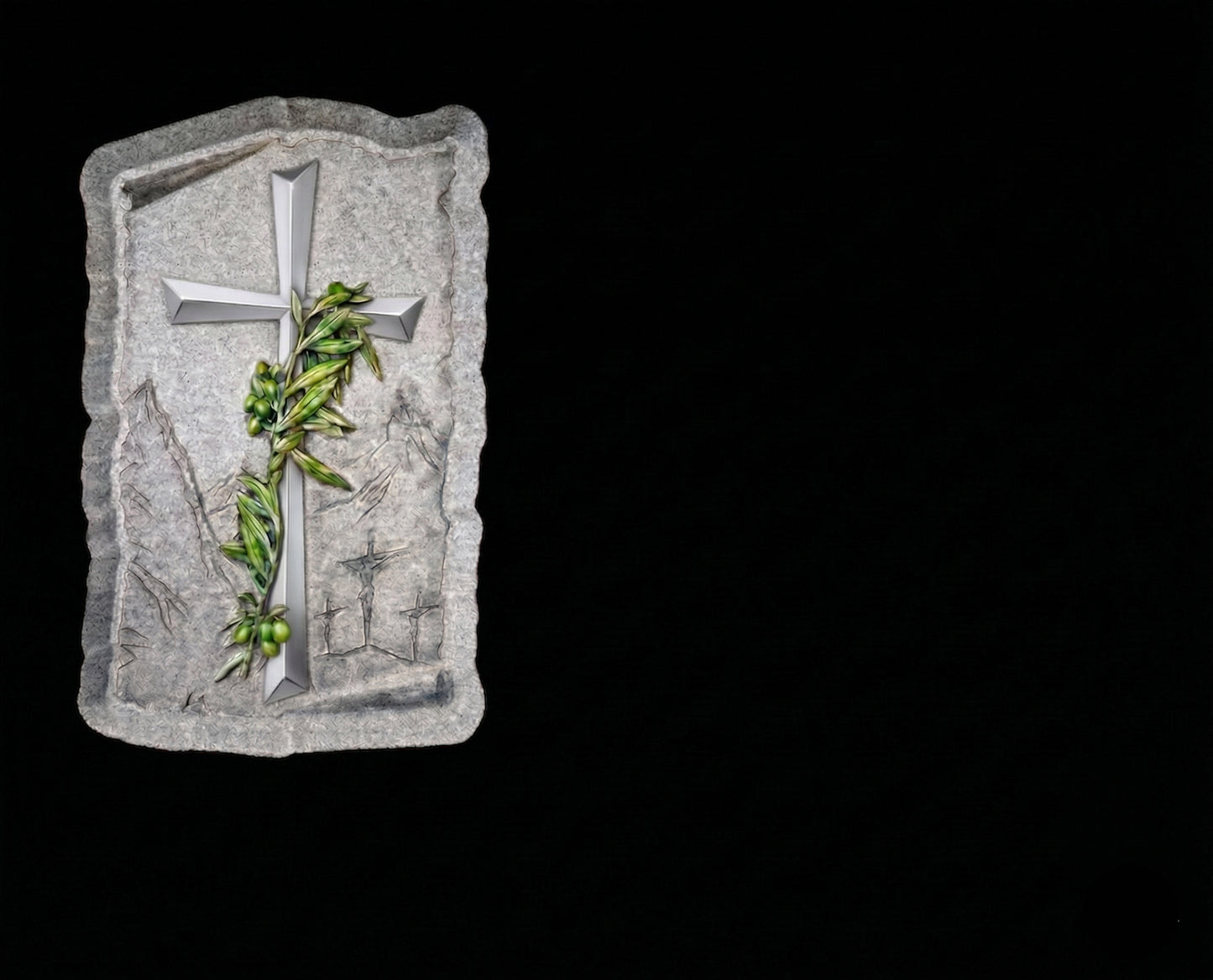 La imagen de la la cruz en el Monte Calvario con rama de olivo&nbsp;se talla directamente en el granito, logrando un relieve profundo y permanente, resistente al paso del tiempo y a las condiciones exteriores