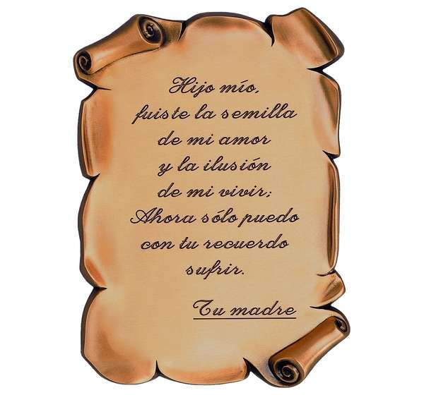 Pergamino de bronce para lápidas disponible en tres tamaños. Pieza decorativa resistente para exterior, ideal para inscripciones funerarias. Envío a toda España.