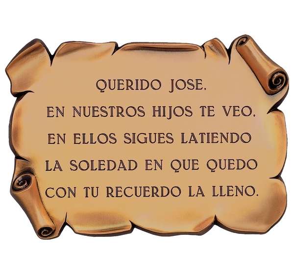 Pergaminos de bronce para lápidas disponibles en varios tamaños, aptos para posición horizontal o vertical, fijación a pared y personalizables con grabado de letras, números o signos. Plazo de entrega 15 días.