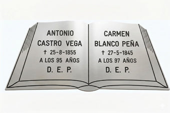 Placa AI R620 en acero inoxidable forma de libro, grabada y de 36x17 cm. Fijación a suelo o pared. Disponible en brillo. Entrega 7–10 días.