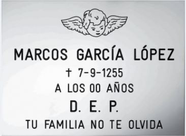 Placas conmemorativas RM12 Ángelito en acero inoxidable con grabación personalizada. Disponible en medidas 15x10, 18x12, 24x12, 25x15 y 30x20 cm. Entrega en 7–10 días. Contacto: info@memorialspain.com.