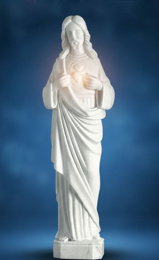 Estatua corpórea del Sagrado Corazón de Jesús tallada en mármol de Carrara Blanco Estatuario.