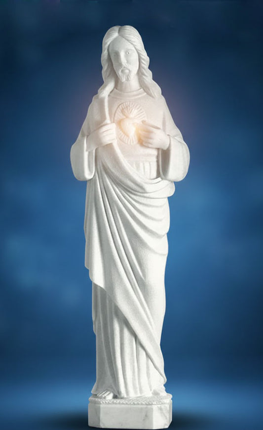 Estatua corpórea del Sagrado Corazón de Jesús tallada en mármol de Carrara Blanco Estatuario.