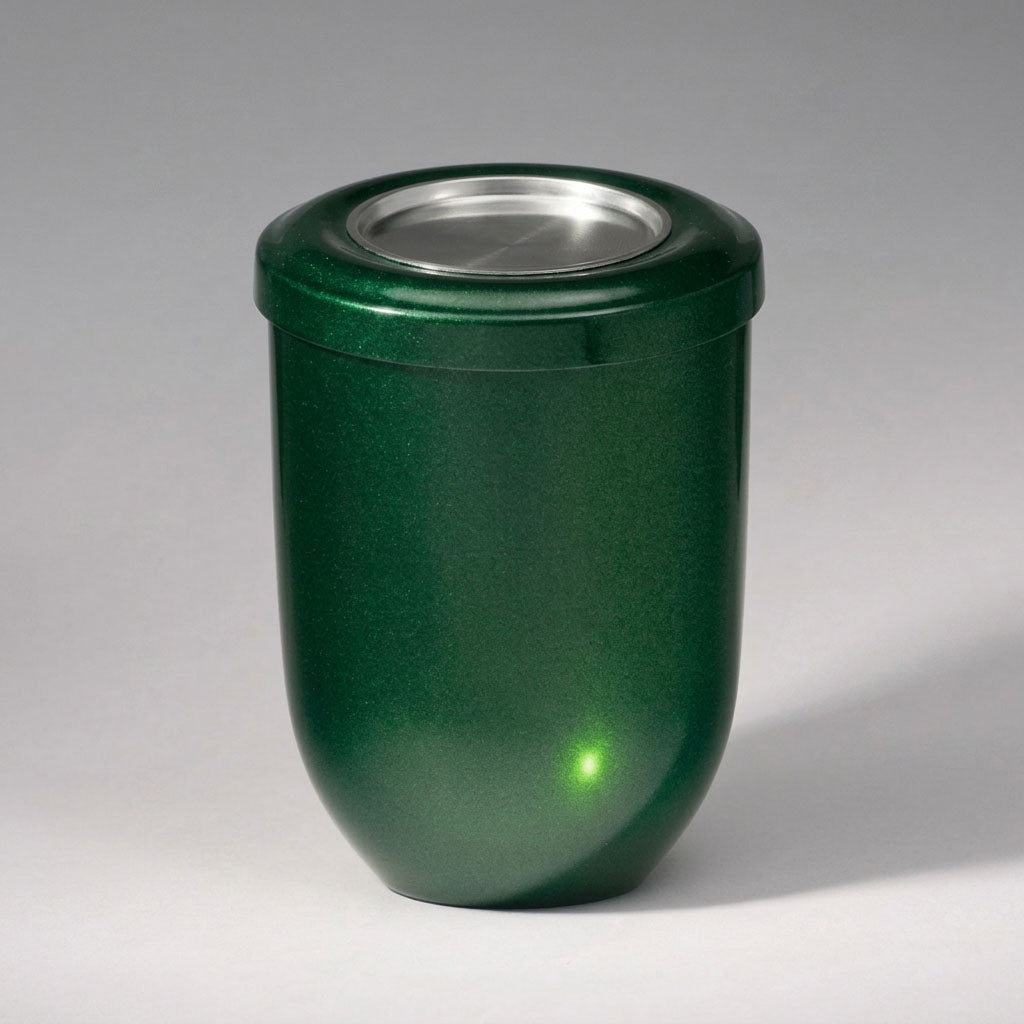 Urna funeraria UR 24860 fabricada en PVC de alta resistencia con acabado verde metalizado, urna económica, ligera y duradera para la conservación de cenizas