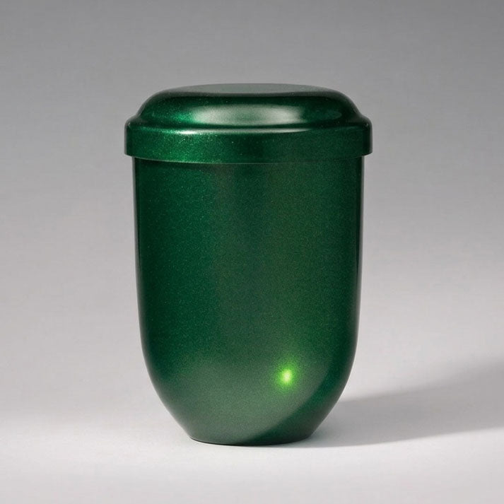 Urna funeraria UR 24860 fabricada en PVC de alta resistencia con acabado verde metalizado, urna económica, ligera y duradera para la conservación de cenizas
