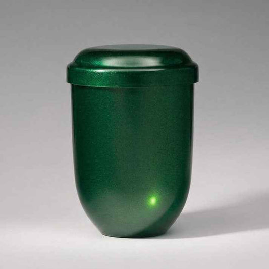 Urna funeraria UR 24860 fabricada en PVC de alta resistencia con acabado verde metalizado, urna económica, ligera y duradera para la conservación de cenizas