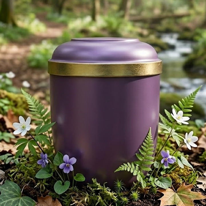 Urna para cenizas biodegradable ref. 21330 en color púrpura, con base de terciopelo violeta, banda metalizada y material natural 100% biodegradable