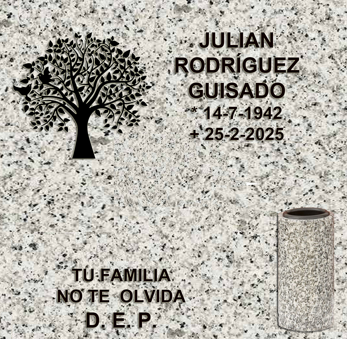 Árbol de la Vida grabado en granito para lápidas de columbario, con inscripción personalizada y jarrón de granito para flores en Madrid. Diseño simbólico, elegante y duradero para cementerios. Memorial Spain.