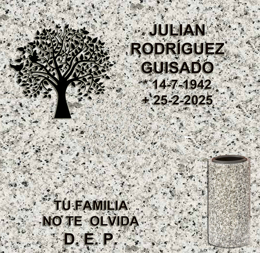Árbol de la Vida grabado en granito para lápidas de columbario, con inscripción personalizada y jarrón de granito para flores en Madrid. Diseño simbólico, elegante y duradero para cementerios. Memorial Spain.