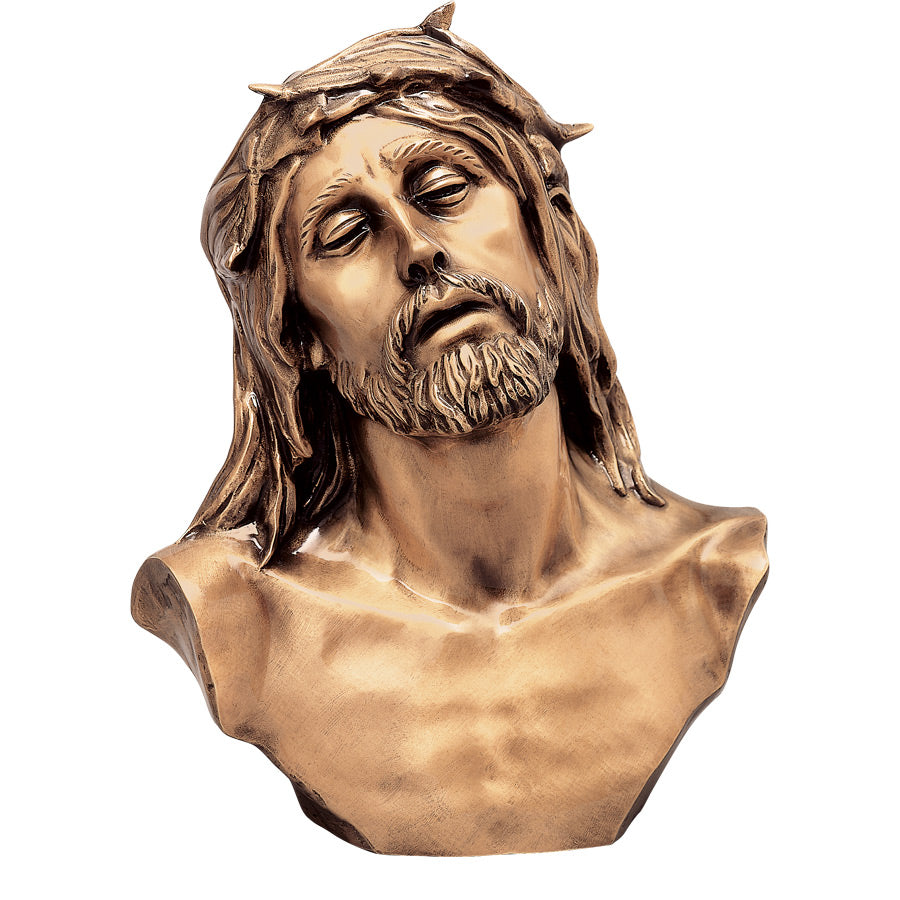 Elegante Busto de Cristo en bronce de 43 cm. Escultura de alta calidad para monumentos funerarios. Resistente a la intemperie y con gran detalle artístico. Ideal para panteones.