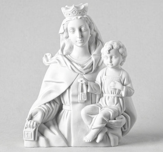 Compra este busto monumental de la Virgen del Carmen en marmolina de 36 cm. Relieve plano de gran resistencia exterior, ideal para lápidas, nichos y panteones.