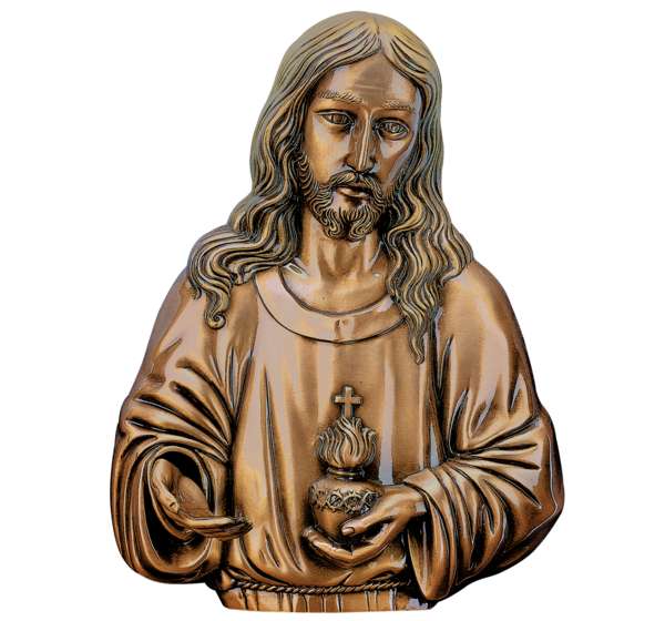 Imagen del Sagrado Corazón de Jesús en bronce de 34 cm (Ref. BR 5098). Instalación mediante taladro con pernos ocultos para máxima seguridad en lápidas.