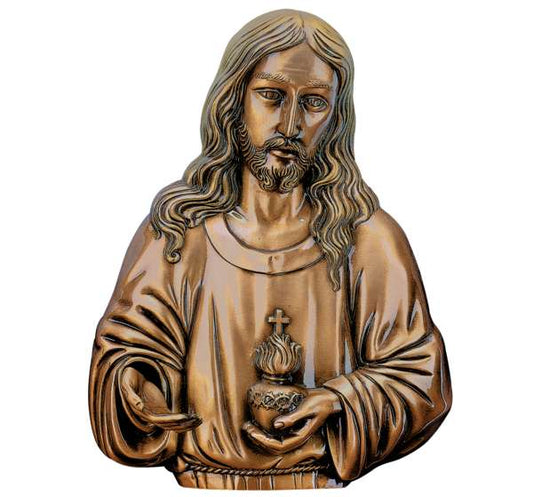 Imagen del Sagrado Corazón de Jesús en bronce de 34 cm (Ref. BR 5098). Instalación mediante taladro con pernos ocultos para máxima seguridad en lápidas.