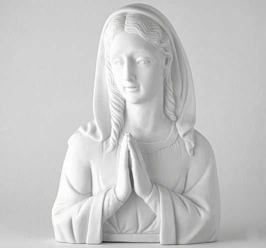 Compra este busto de la Virgen Rezando en marmolina de 29 cm. Relieve de alta resistencia exterior, ideal para pegar en lápidas, nichos y panteones. Envío seguro.