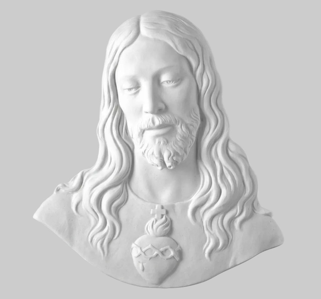 Cara del Corazón de Jesús en marmolina de 38 cm para la decoración de lápidas. Resistente y apta para uso exterior en cementerios.