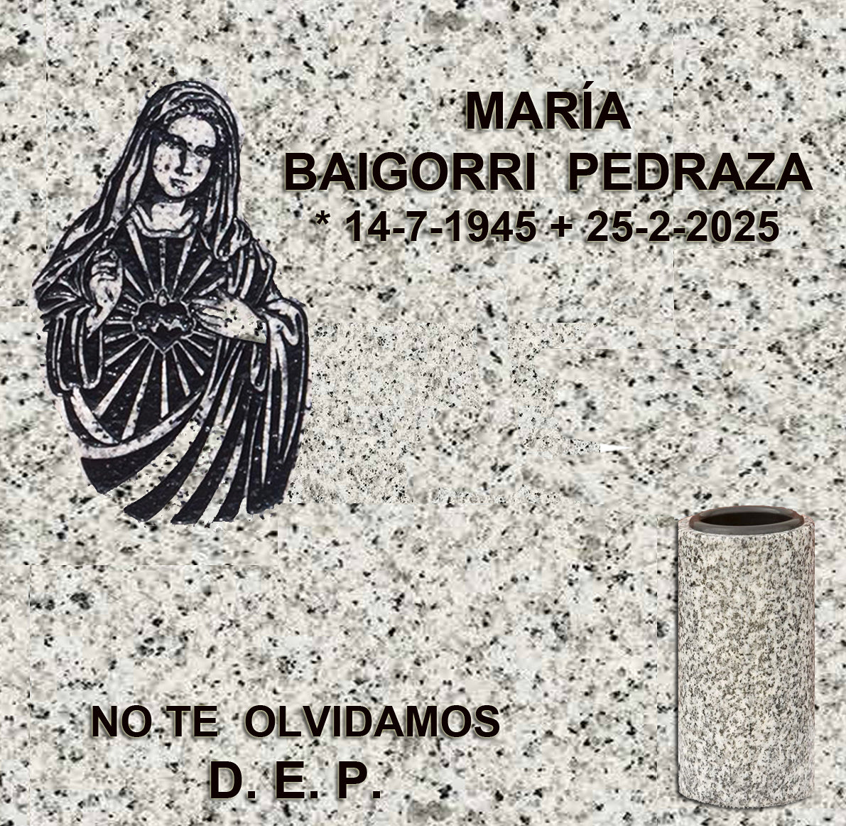 Corazón de María tallado en granito para lápidas de columbario, con inscripción grabada y jarrón de granito para flores en Madrid. Diseño elegante y duradero para cementerios. Memorial Spain.