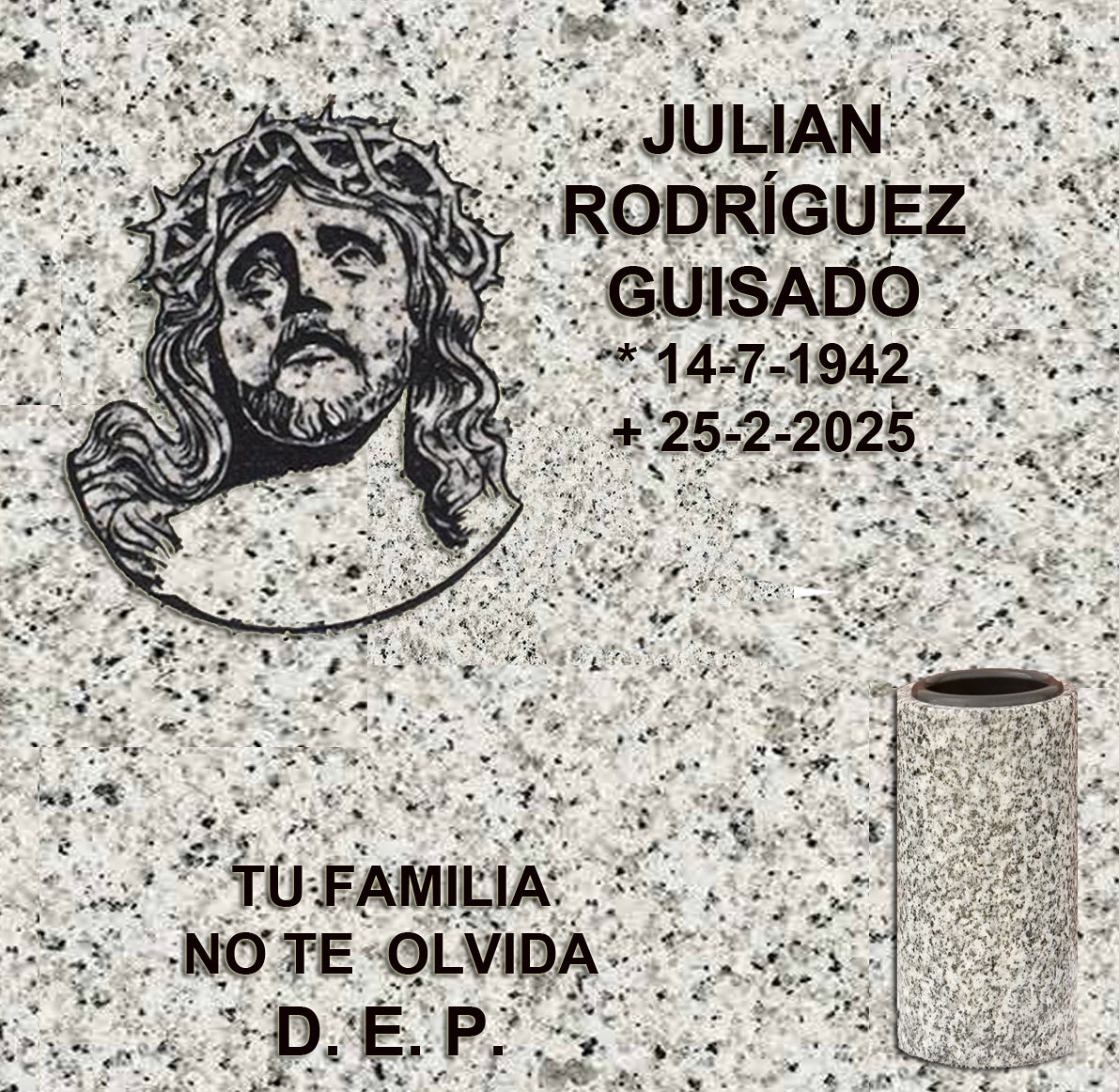 Columbario con cara de Cristo, inscripción grabada y jarrón de granito para cenizas en Madrid. Diseño elegante y resistente para cementerios. Memorial Spain 