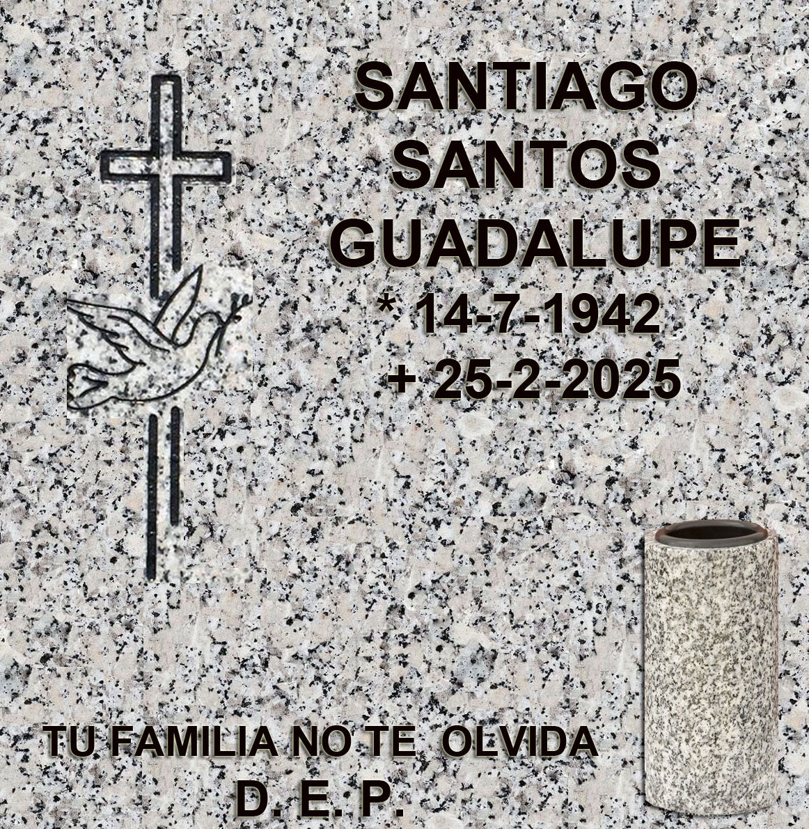 Cruz con paloma tallada en granito para lápidas de columbario, con inscripción grabada y jarrón de granito para flores. Diseño elegante y resistente para cementerios de Madrid. Memorial Spain.