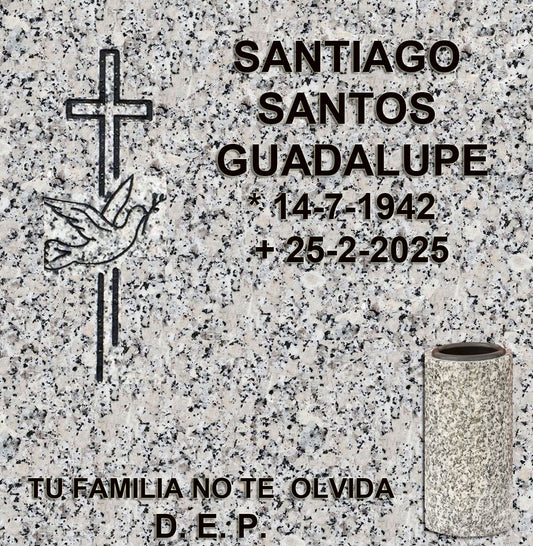 Cruz con paloma tallada en granito para lápidas de columbario, con inscripción grabada y jarrón de granito para flores. Diseño elegante y resistente para cementerios de Madrid. Memorial Spain.