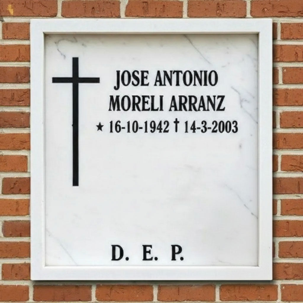 Columbario de mármol con cruz grabada e inscripción personalizada, con opción de jarrón para flores. Diseño clásico, elegante y resistente para cementerios. Memorial Spain.
