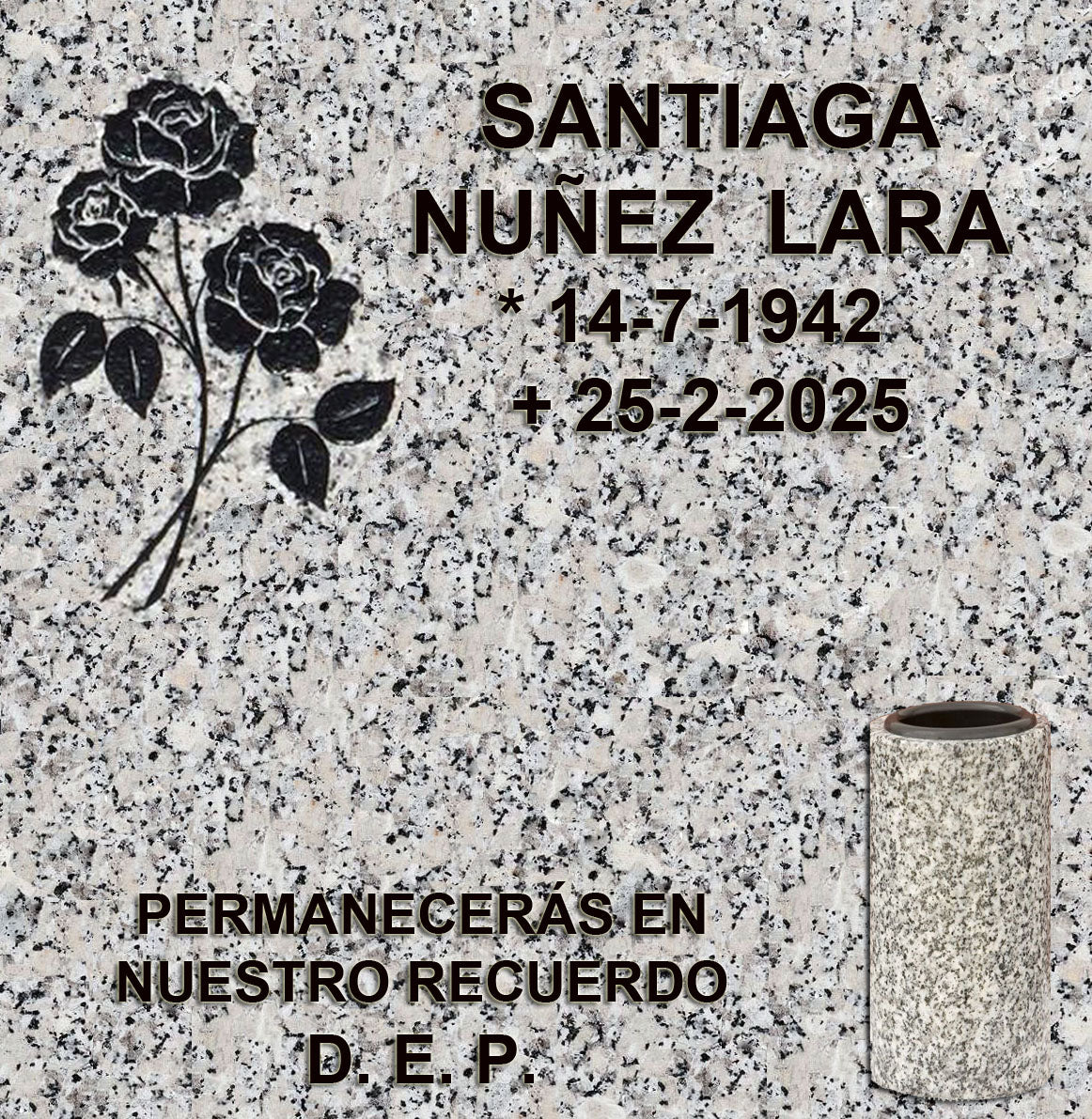 Columbario con cara de Cristo, Columbario con ramo de rosas, inscripción grabada y jarrón de granito para cenizas en Madrid. Diseño elegante y resistente para cementerios. Memorial Spain · Envíos a toda España.