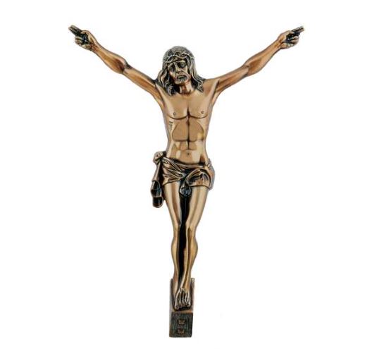 Figura de Cristo de bronce de 42 cm con cartela INRI modelo BR 5630, ideal para montar sobre cruces de piedra o decoración directa en lápidas y panteones.