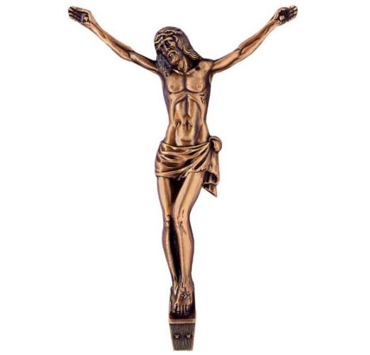 Cristo de bronce con INRI para lápidas, disponible en tres tamaños. Fabricación en bronce macizo, apto para exterior. Instalación en Madrid y envío a toda España.