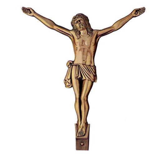 Figura monumental de Cristo de bronce de 60 cm con inscripción INRI modelo BR 5635, diseñada para cruces de panteones y sepulturas, alta resistencia.