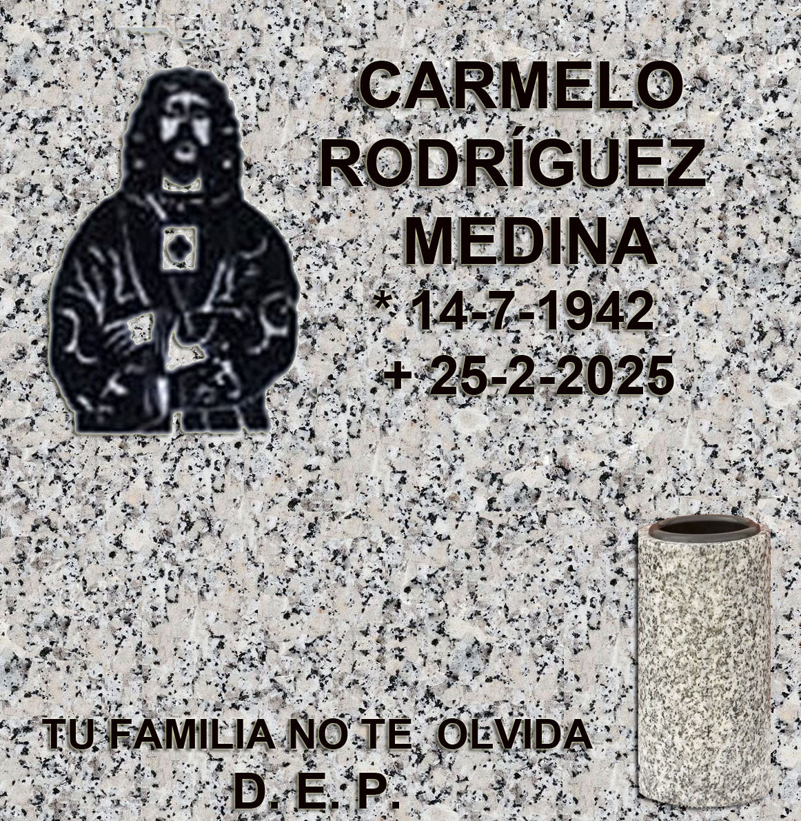Cristo de Medinaceli tallado en granito para lápidas de columbario, con acabado artesanal e inscripción grabada en Madrid. Diseño elegante y duradero para cementerios. Memorial Spain.