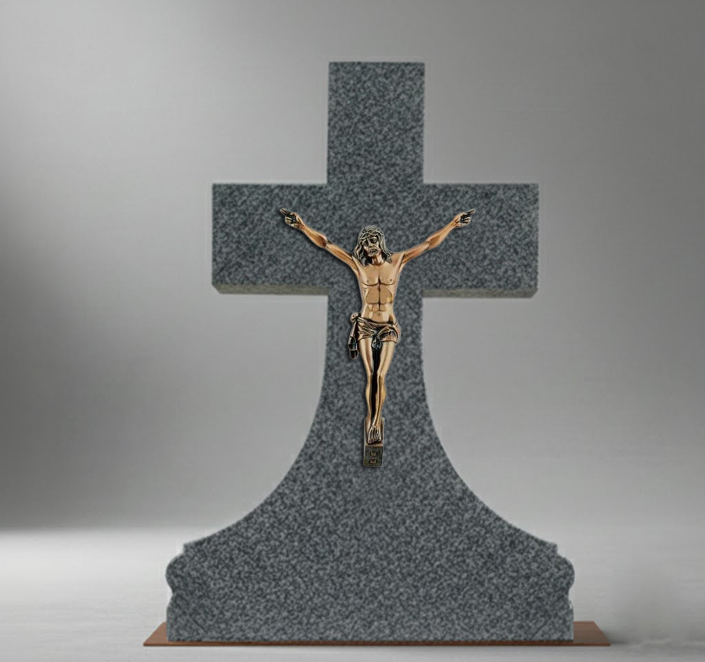 El Cristo con INRI modelo BR 5630 está elaborado en bronce, un material tradicional y altamente valorado en arte funerario por su resistencia, durabilidad y belleza atemporal.