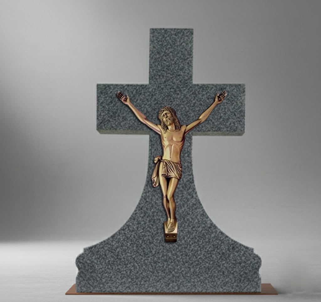 El Cristo con INRI modelo BR 5634 está elaborado en bronce, un material muy valorado en arte funerario por su resistencia, durabilidad y acabado elegante