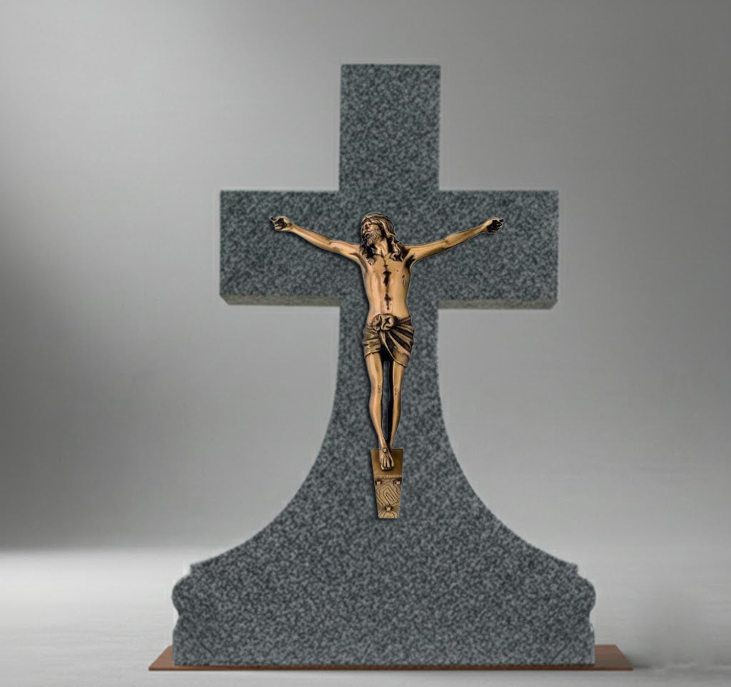 El Cristo con INRI modelo BR 5636 está elaborado en bronce, un material noble muy apreciado en arte funerario por su resistencia, durabilidad y acabado elegante